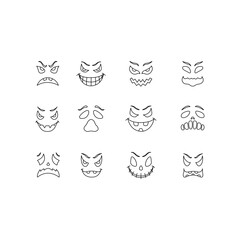 Scary and funny faces of Halloween pumpkin or ghost Vector collection. Face expression vector isolated on white background. Perfect for coloring book, textiles, icon, web, painting, books, t-shirt.