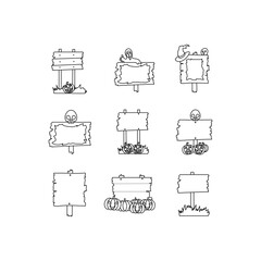 Halloween sign board vector icons set isolated on a white background. Happy Halloween vector. Perfect for coloring book, textiles, icon, web, painting, books, t-shirt print.