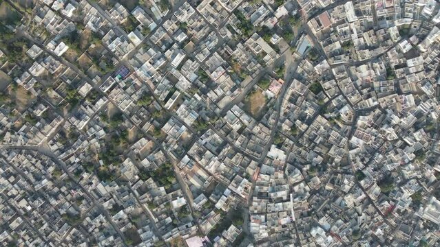 Ahore, Rajasthan, India 28th December 2022: 4k Drone shot of Ahore or Ahor is a town in the Jalore District of the Indian state of Rajasthan. Old villages of Rajasthan. View of colorful houses.