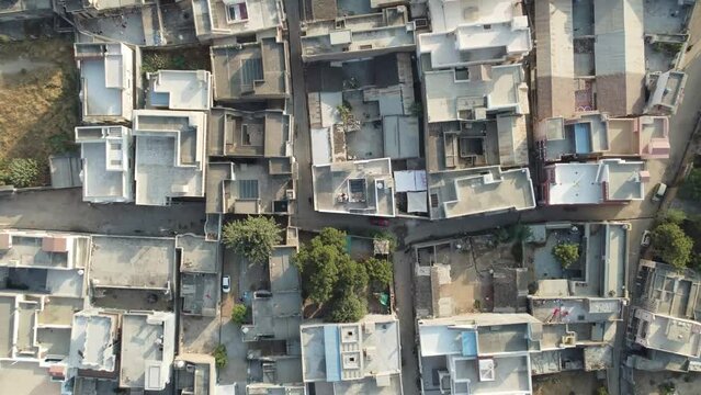 Ahore, Rajasthan, India 28th December 2022: 4k Drone shot of Ahore or Ahor is a town in the Jalore District of the Indian state of Rajasthan. Old villages of Rajasthan. View of colorful houses.