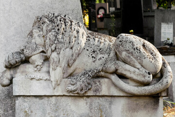 Old lion statue on grave in the Lychakiv cemetery of Lviv, Ukraine