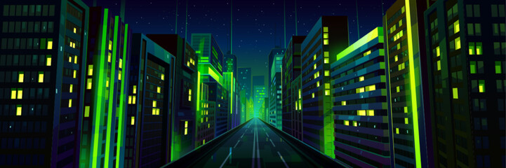 Fototapeta premium Night city street with road and green neon illumination, metaverse technology glow buildings perspective view. Urban architecture, megalopolis infrastructure in darkness, Cartoon vector illustration