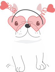 cute french bulldog dog in valentines day costume flat style