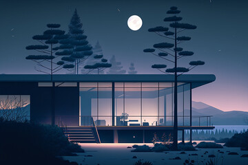 modern architecture house at night generative AI