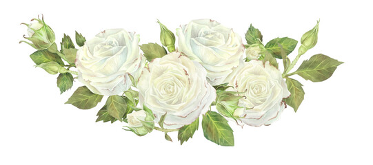 Semicircular composition of white roses and buds with leaves. Watercolor illustration. Isolated on a white background. For design of dishes, greeting card, perfumes packaging, wedding invitation