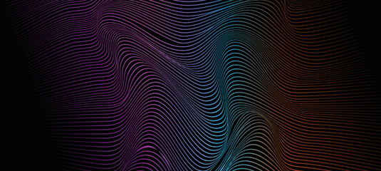 Abstract dotted wave line particles of bright green blue purple design element on dark black background. Modern technology futuristic concept. Vector illustration