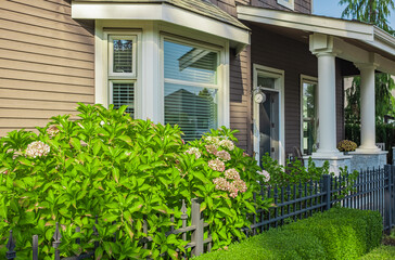 Beautiful house with lots of green plants around it. Summer garden around house. Entrance of a luxury house with a patio
