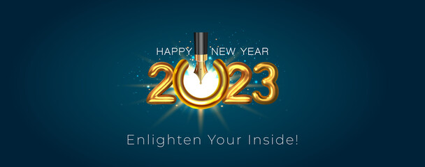 Happy New Year 2023. Creative Concept of Education institute, media and publication center. Greeting card poster banner design.