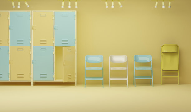 Creative composition. Row of lockers in the hallway on pastel yellow and blue background. Locker room gym school interior. 3D render for web page, presentation, studio.