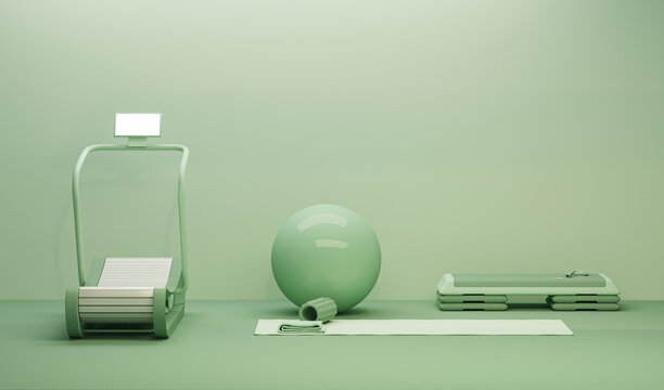 Fitness ball, sport mat, yoga block, skipping rope, Exercise bike.Pastel green colors scene. Trendy 3d render for sport fitness equipment, female concept, lifting in the gym and exercise daily 