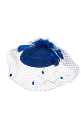 Close-up shot of a dark blue felt pillbox hat with a veil decorated with feathers. The hat with an alligator clip is isolated on a white background. Front view.