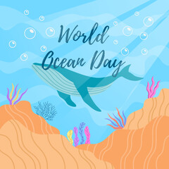 The 8th of June is World Ocean Day, Save our oceans, flat illustration of a fish swimming underwater with beautiful coral and seaweed