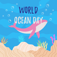 The 8th of June is World Ocean Day, Save our oceans, flat illustration of a fish swimming underwater with beautiful coral and seaweed