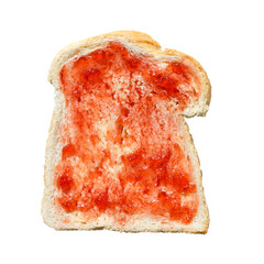One slice of white bread spread with strawberry jam - directly above in square format.
