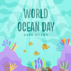 Fototapeta na wymiar The 8th of June is World Ocean Day, Save our oceans, flat illustration of a fish swimming underwater with beautiful coral and seaweed