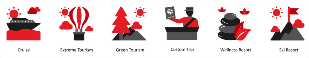Six vacation icons in red and black as cruise, extreme tourism, green tourism