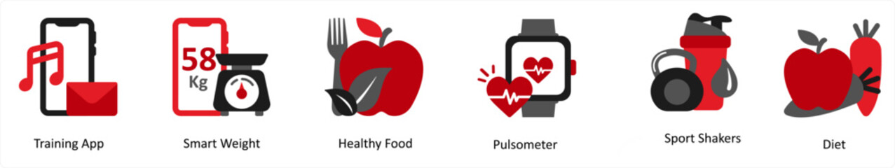 Six medical icons in red and black as training app, smart weight, healthy food