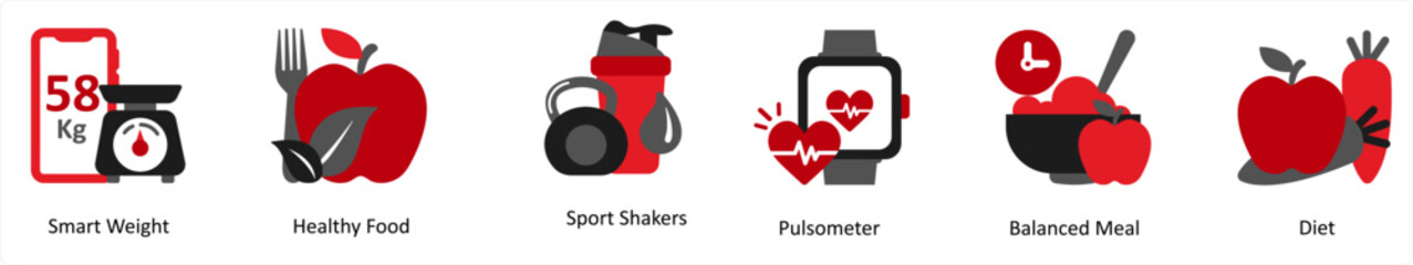 Six medical icons in red and black as smart weight, healthy food, sports shakers