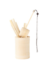 Detailed shot of a tea ceremony tool kit made out of light natural bamboo. The designer tea ceremony set in chinese style is located on the white background.