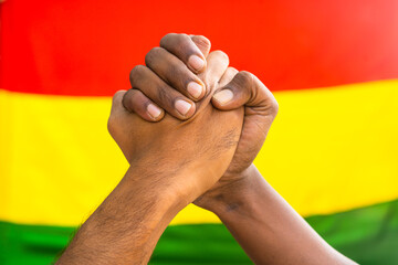 Two diverse hands joining hands against black history month flag to show unity - concept of support, activism and celebration - obrazy, fototapety, plakaty