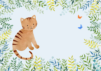 Hand drawn watercolor illustration. Greeting card with red cat.