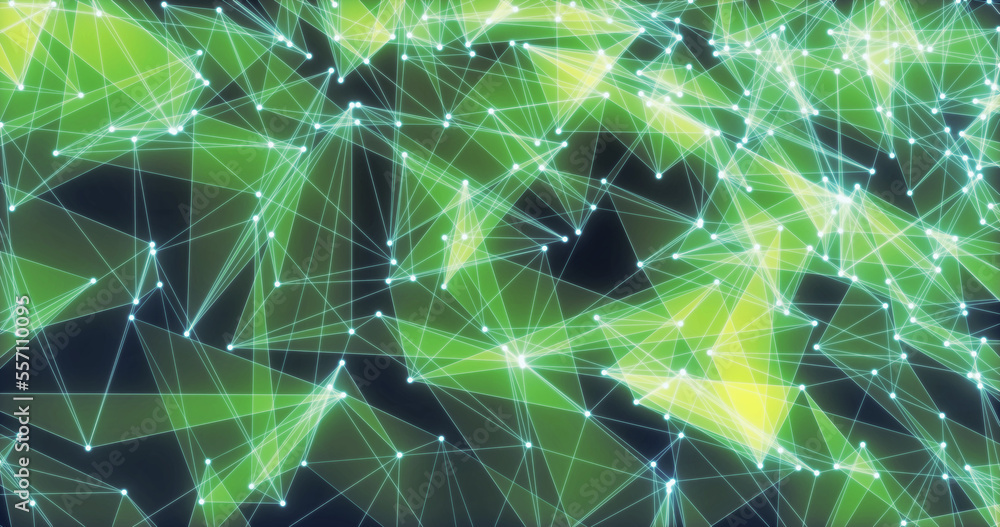 Poster abstract background of shiny green glass triangles with lines and dots hi-tech digital triangulation