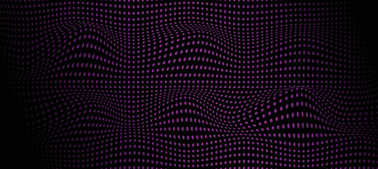 Abstract dotted wave Particle Granules of light purple design element on dark black background. Modern technology futuristic concept. Vector illustration