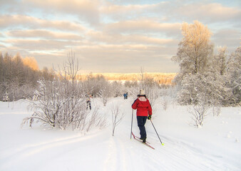 Skiers on the trail during the day