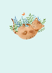 Hand drawn watercolor illustration. Greeting card with red cat