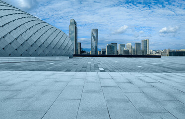 Fototapeta premium Empty square floor and city skyline with modern buildings in Ningbo, Zhejiang Province, China.