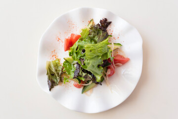 fresh salad, cucumber, tomato, onion, greens in a white plate