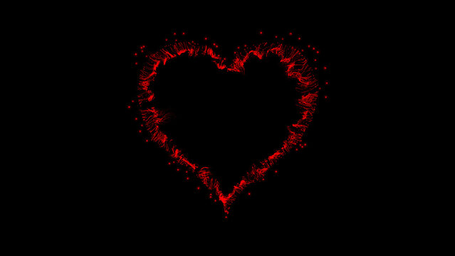 Red heart with iridescent fringe of particles. Abstract festive backdrop for advertise, text, Valentine, Christmas 3D render
