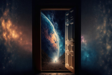 A door to another universe, to another dimension or to another world. Multiverse concept. Generative AI.