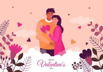 valentines day illustration with hugging lovers and flowers