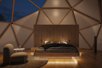 Glamping dome tent as hotel. Fabric and wood framed yurt structures for living. © Jan
