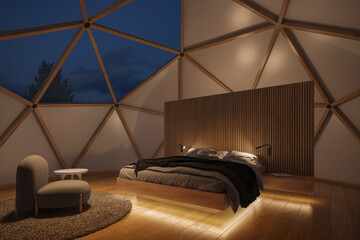 Geodesic dome glamping tent as hotel. Fabric and wood framed yurt structures for living. © Jan