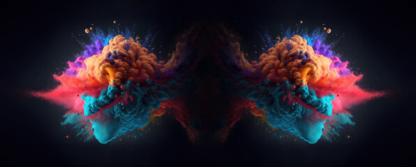 Obraz na płótnie Canvas Explosion of colored powder on black background, panoramic image. Generative Ai