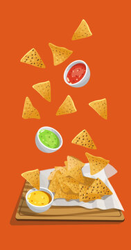 Illustration of falling Mexican food nachos with sauces on a tray with a napkin. All on an orange background. Bright kitchen illustration. Suitable for printing on banners and flyers, restaurant menus