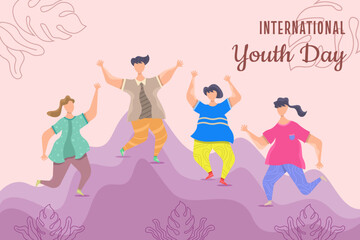 Fototapeta na wymiar International youth day flat illustration, Happy youth day with people jumping, a friendly team, cooperation, and friendship