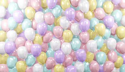 3D Rendering concept of birthday wedding party event background wallpaper of pastel balloons. 3D Render illustration.