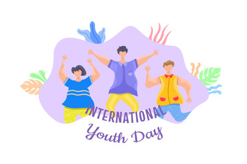 Fototapeta premium International youth day flat illustration, Happy youth day with people jumping, a friendly team, cooperation, and friendship