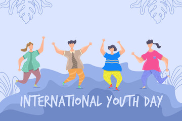 Fototapeta premium International youth day flat illustration, Happy youth day with people jumping, a friendly team, cooperation, and friendship