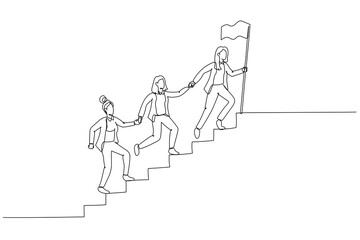 Illustration of businesswoman team walking up staircase, holding hands with raised flag. Single line art style