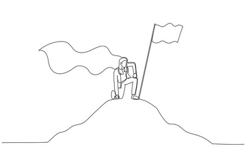 Drawing of businesswoman with hero cape on mountain. Single continuous line art style
