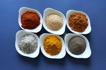 Spices close-up on a blue background. 