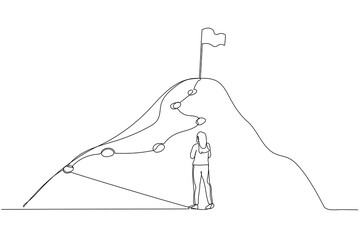 Cartoon of businesswoman following the lines leading to the top of success. Single line art style