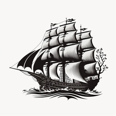 Ship or boat tattoo. Idea on traditional wooden boat for tattoos. Generative AI.