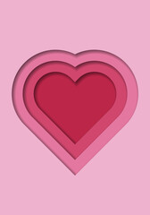 Red paper cut out heart shape pattern in layers. 3D gradient background. Trend color year 2023, viva magenta. Design element for card, cover, banner, poster, backdrop, wall. Vector illustration.