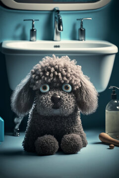 A Very Fluffy Illustration Of A Small Family Dog In A Bathroom Waits Pensively For Its Bath. Generative Ai Artwork.