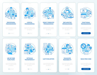 Approaches to programming blue onboarding mobile app screen set. Walkthrough 5 steps editable graphic instructions with linear concepts. UI, UX, GUI template. Myriad Pro-Bold, Regular fonts used
